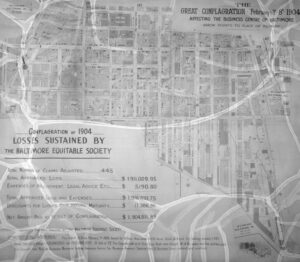Baltimore Equitable Society map and loss statement from the Great Baltimore Fire of February 1904
