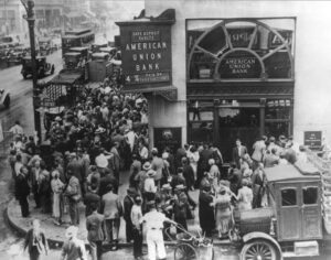 Crowd gathered outside American Union Bank during the stock market crash and start of the Great Depression, October 1929