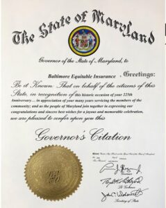 Governor's Citation from the State of Maryland presented to Baltimore Equitable Insurance on their 225th anniversary in 2019